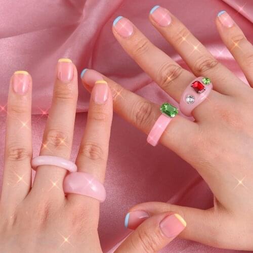Pink Series 2021 New Korean Vintage Aesthetic Colorful Acrylic Rhinestone Resin Rings for Women Girls Jewelry Gift INS Y2K