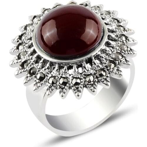 Silver 925 Sterling Red Agate & Marcasite Ring