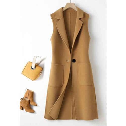 Woolen Vest Jacket Womens 2021 Spring Autumn New Suit collar Slim Sleeveless Coat Plus size Casual Solid Female Long Waistcoat