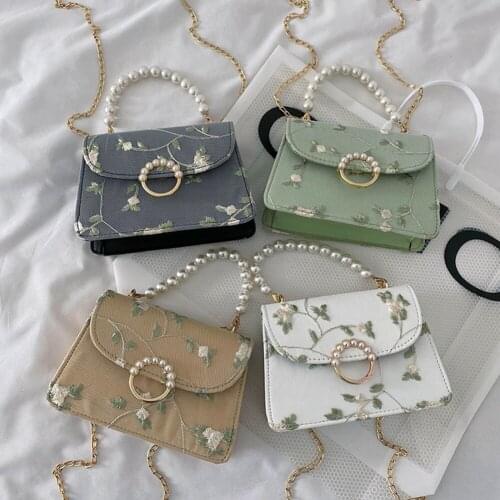 Luxury Hand Bag Female Travel Design For Women PU Net Yarn Flower Embroidery Shoulder Bag Vintage Pearl Chain Crossbody Handbags