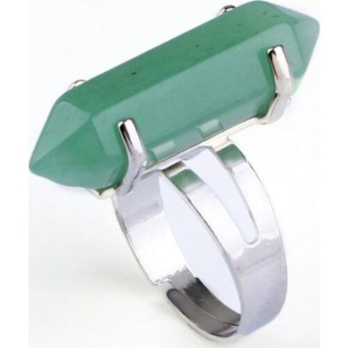 Trendy-beads Silver Plated Resizable Hexagon Column Natural Green Aventurine Ring For Party Gift Jewelry