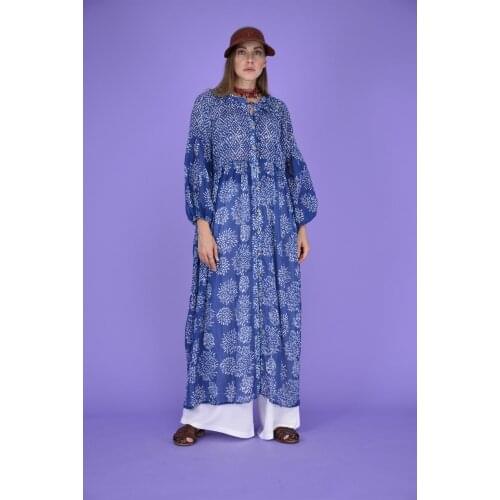 Patterned Cotton Fabric Navy Blue Color V-Neck Long Viscose Dress 2021 New Fashion Style Womens Clothing