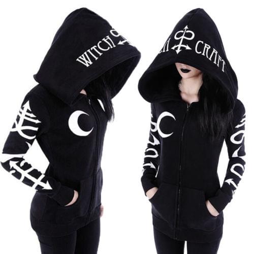 Women Gothic Punk Zip up Long Sleeve Hoodies Moon and Letter Print Sports Sweatshirt Jacket Coat with Pockets Halloween Costume