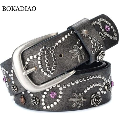 BOKADIAO Womens leather belt Leaves flowers Punk Rivets fashion Belts for women luxury Pin buckle jeans waistband female strap