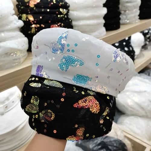 Japanese Style Summer Women Lace Embroidered High Quality 3D Butterfly Gauze Beret Artist Hat with Sequins