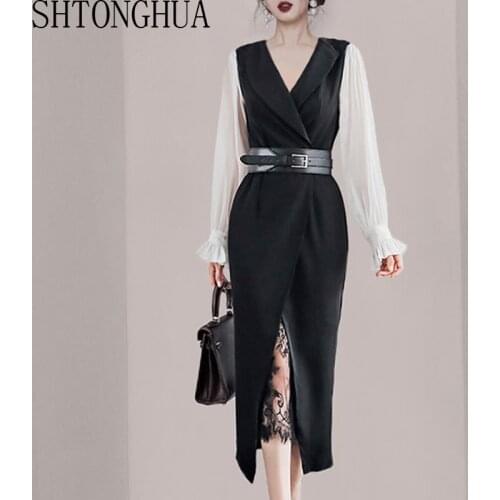 Women V Neck Long Sleeve Black Lace Patchwork Chiffon Belt Long Dress 2020 Spring Autumn Ladies Elegant Simple Office Dress