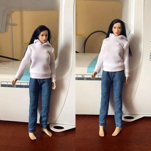 1/12 Girl White Hoodie Sweater Jeans Pants Clothes Set Fit 6'' PH TBL Female Action Figure Body