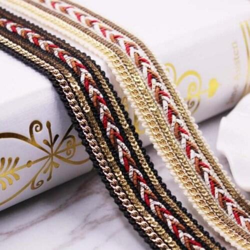 10Yards Width 2.5cm Gold Beaded Chain Paillette Lace Ribbon DIY Handmade Clothing Accessories Sequins Braided Lace Trim Fabric