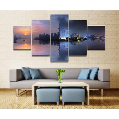 5 Panel Sun-Moon City Art Landscape Canvas Printed Painting For Living Room Wall HD Picture Artworks Poster Wholesale