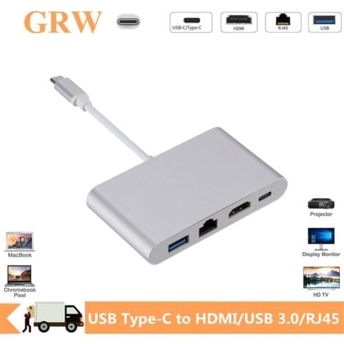 GRWIBEOU USB C to HDMI 4K+RJ45 Gigabit Ethernet+USB 3.0 Type C Hub Adapter USB-C Splitter for Macbook Air Pro Samsung