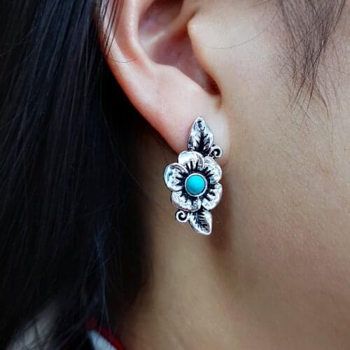 Bohemian Rose Flower Turquoises Post Earrings Vintage 925 Antique Plate Leaf Dangle Earrings Beautiful Jewelry For Women