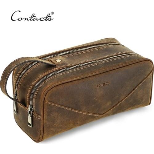 CONTACTS Vintage Toiletry Bag Crazy Horse Leather Cosmetic Bag Organizer Makeup Case for Men Large Capacity Storage Handbags