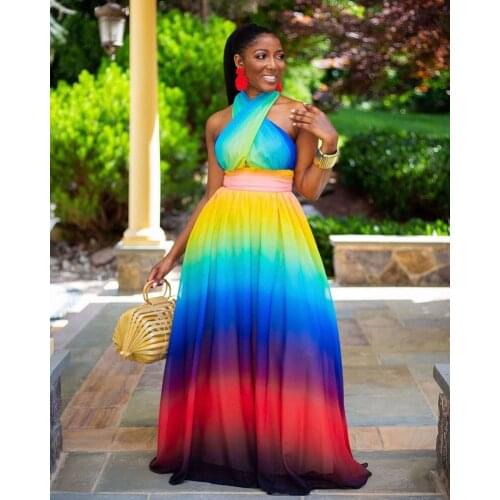 Echoine Colorful Tie Dye Print Halter Backless Long Maxi Dress Summer Sleeveless Beach Robe Party Elegant Vintage Vestidos