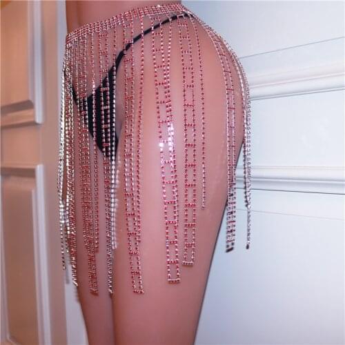 Statement Sexy Rhinestone Red Body Chain Necklace for Women Jewelry Long Tassel Crystal Waist Chain Chest Chains Beach Bikini