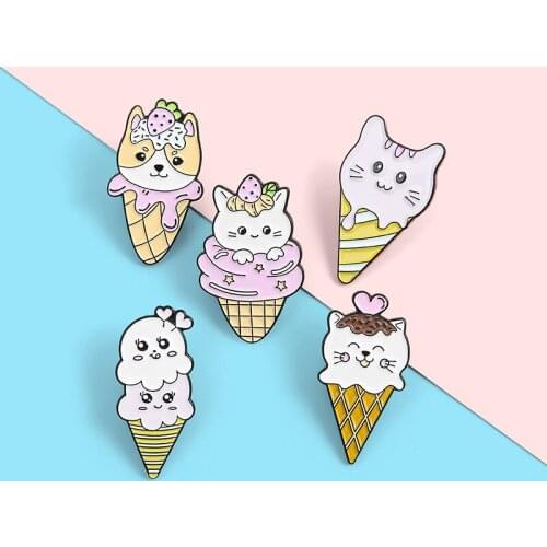 Ice Cream Enamel Pins Custom Cat Dog Kitten Puppy Cone Kawaii Brooches Animal Cute Bag Lapel Pin Shirt Badge Gift for Friends