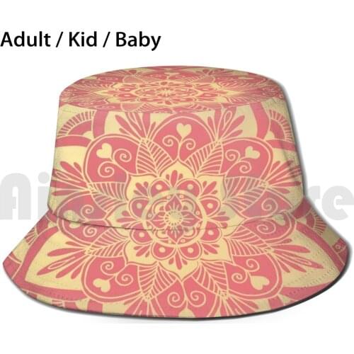 Coral Pink And Gold Flower Mandala Sun Hat Foldable UV Protection Coral Gold Gold Mandala Pink Mandala Coral Pink