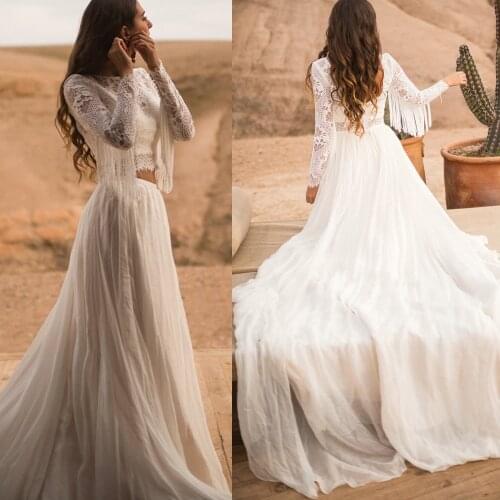 Lace Chiffon Sands Beach Outdoor Wedding Dress Two Pieces Long Sleeves Buttons A Line Boho Destination Bridal Gowns Tassels