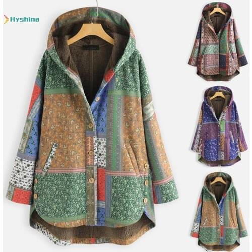 Autumn and Winter New Cotton Padded Jacket Ethnic Style Printing Hooded Loose Large Plush Thickened Womens Cotton Padded Jacket