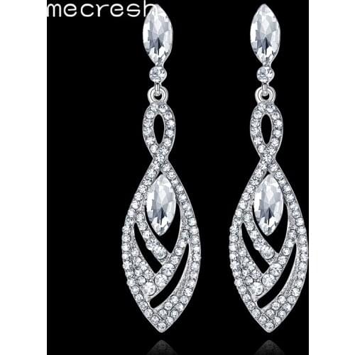 Mecresh Simple Wedding Hanging Earrings for Women Silver Color Crystal Bridal Long Drop Brincos Party Christmas Jewelry EH236