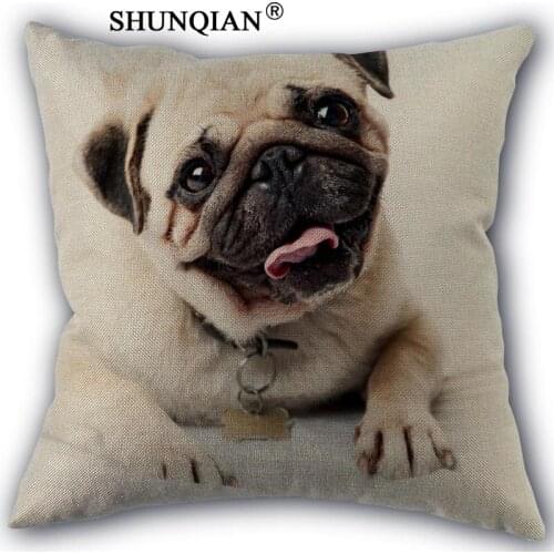 Pug dog Pillowcase Custom Cotton Linen Square Decorative Pillow Cases Cover Zippered 45x45cm one side