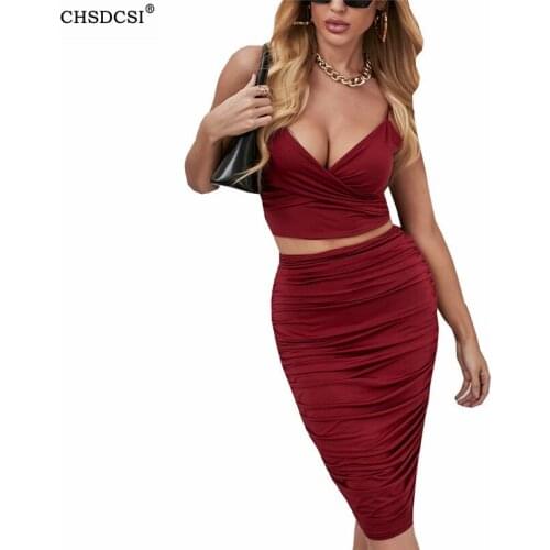 CHSDCSI Backless Dress Two Piece Set Club Outfit Women Spaghetti Strap Crop Top And Pencil Skirt Red Sexy Summer Camis Black