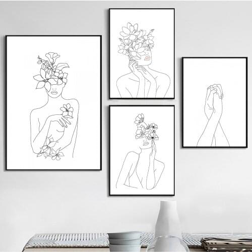 Line Woman Face with Flowers Posters and Prints Wall Art Canvas Painting Nordic Poster Minimalist Style Line Draw Home Decor