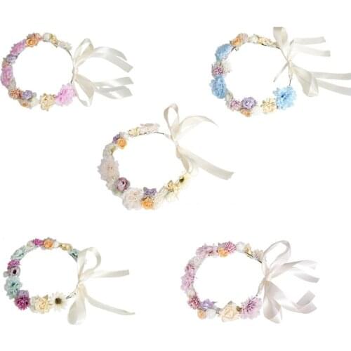 H58E Hairband with Silk Bowknot String Rose Garland Flower Wreath Headband Wedding Birthday Party Maternity Photoshoot Props