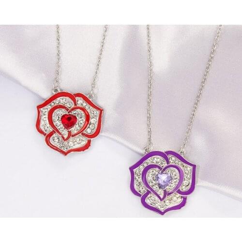 Romantic Red Purple Crystal Rose Pendant Necklace Charming Wedding Party Silver Clavicle Chain Fashion Girl Jewelry Gift