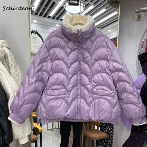 Schinteon Women Light Down Jacket Loose Over Size Coat Stand Collar White Duck Down Short Autumn Winter Outwear Korean Style