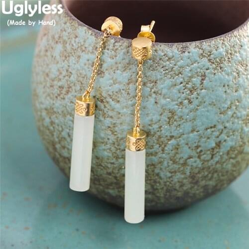 Uglyless Carved Chinese Knots Ethnic Dress Earrings for Women Cylindrical Hotan Jade Dangle Earrings Retro 925 Silver Brincos