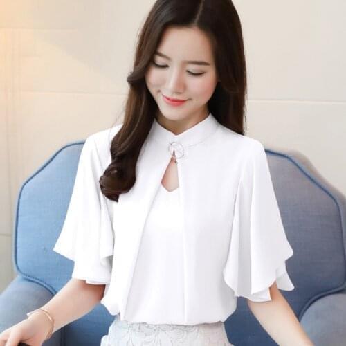 Women Summer Chiffon Straped Tops Blouse Cape Half Sleeve Loose All-match Stand O Neck Shirts Base Fromal OL Lady Camisas Mujer