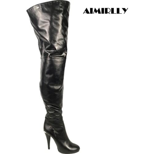Womens boots Winter High Heels Thigh High Over the Knee Boots Round Toe Full Zipper Stilettos Black Sexy Female Shoes