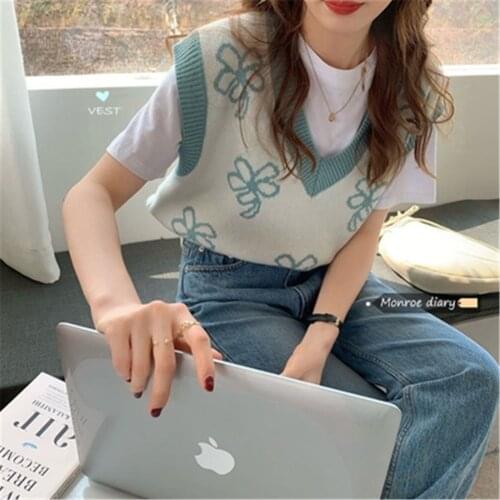 Korean Autumn V-neck Sweater Vests Women Loose Jacquard Knitwear Office Ladies All-match Warm Sleeveless Jumpers Vintage Flowers