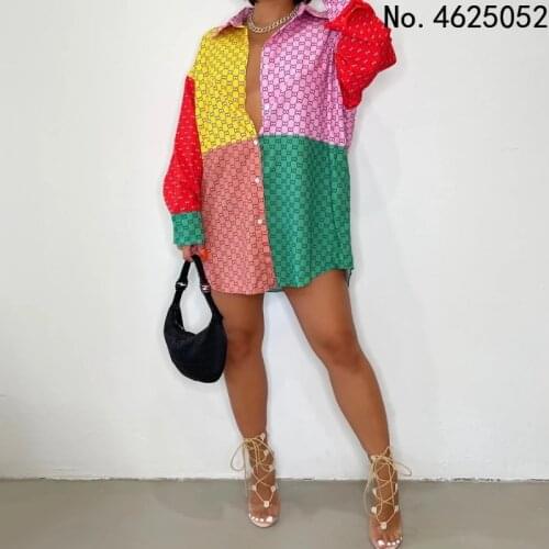 2021 Womens Long Sleeve Lapel Single Breasted Casual Sexy Color Contrast Fashion Medium Length Shirt Dress