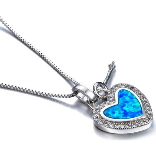 Female Love Heart Eternal Necklace Blue Fire Opal Pendant Necklace Dainty Silver Color Chain Necklaces For Women Wedding Jewelry