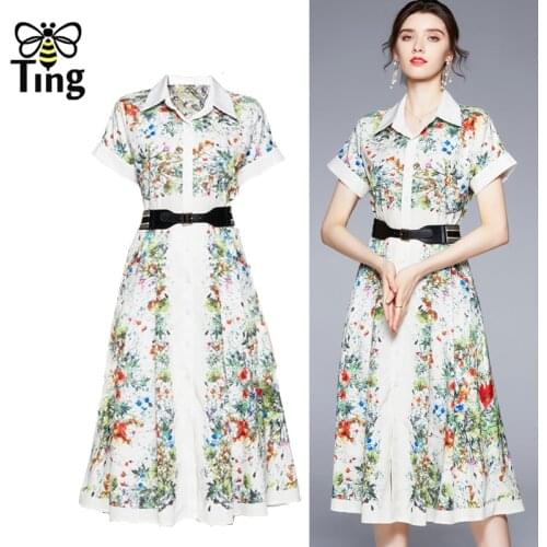 Tingfly Women Casual Vintage Floral Print Summer Shirt Dress Fashion Single Breasted Midi Long Party Dresses Vestidos Plus Size
