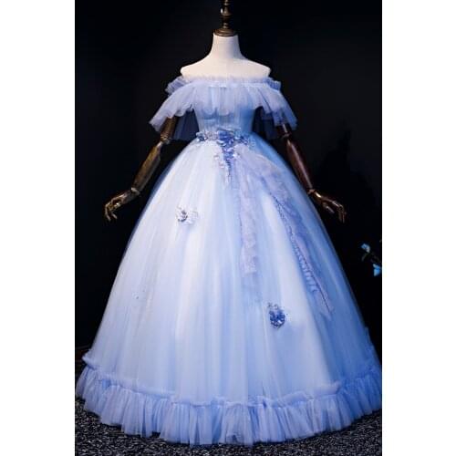 100%real light blue slash collar ruffled embroidery court medieval dress renaissance Gown queen Victorian /Marie/drama/ball gown