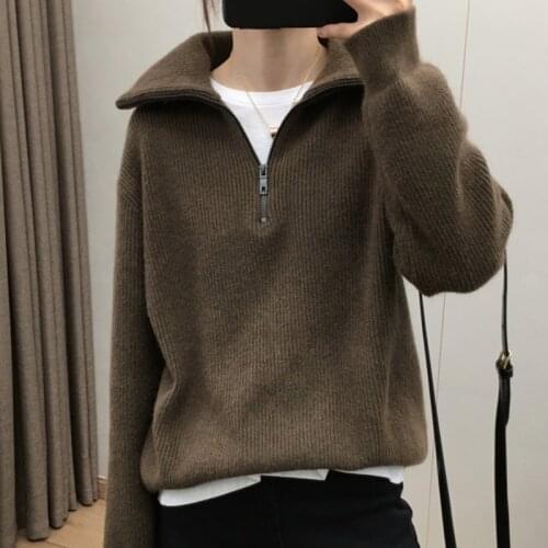 2021 Autumn Winter Women Knit Sweater with Zipper Loose Pullover Korean Female Sweaters Oversize Knitted Warm Fall Turtleneck