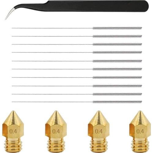 4Pcs 0.4mm Nozzle +10Pcs 0.4mm Cleaning Needles+1Pcs Tweezers Kit For 3D Printer Part Accessories Supplies