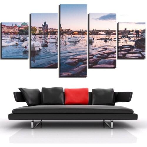 5 piezas Swans Animal lienzo pintura ciudad carteles imágenes de paisaje para la decoración de la habitación del hogar papel pin