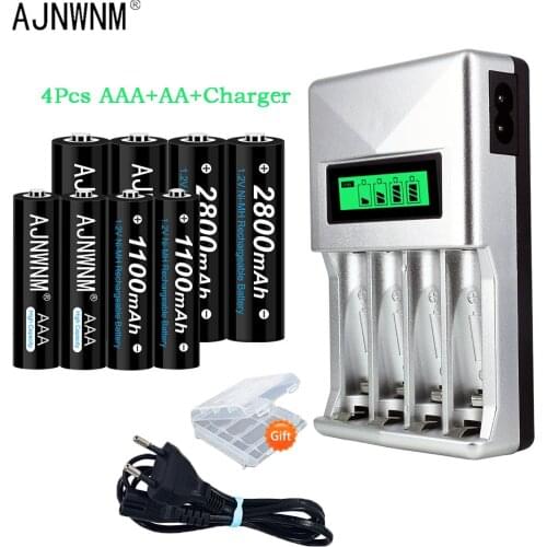 AJNWNM 1.2V AA Battery Rechargeable 2800mah +1100mah 1.2v nimh AAA Rechargeable Battery AAA with Battery Charger for AA AAA