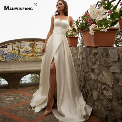 2021 New Arrival Split Satin Sleeveless A-Line Wedding Dress Custom Made Court Train Lace Up Back Square Collar Bridal Gown