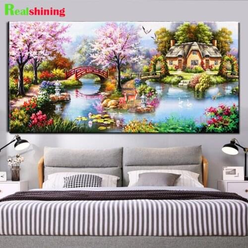 Large diamond painting pink tree river bridge landscape cross stitch diamond embroidery village cabin mosaic room Decor,N1605