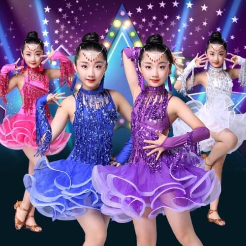 Childrens Latin dance skirt costumes new style girls Latin dance competition dress tassel sequins Latin performance clothing