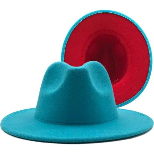 New Outer Lake blue Inner red Wool Felt Jazz Fedora Hats with Thin Belt Buckle Men Women Wide Brim Panama Trilby Cap 56-60CM