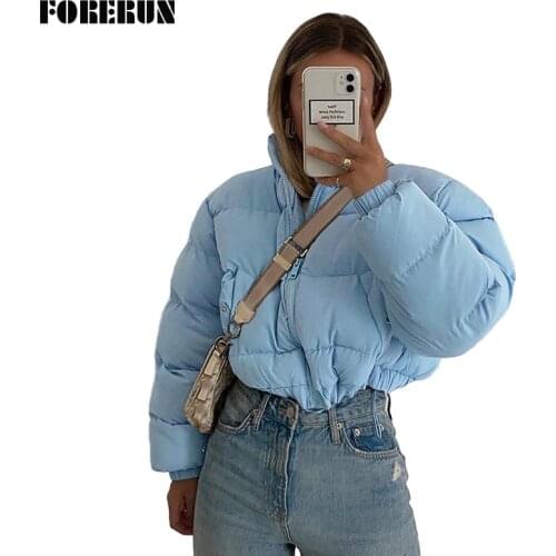 FORERUN Women Winter Puffer Jacket Standard Collar Cotton Padding Sky Blue Warm Short Bubble Coat Outwear