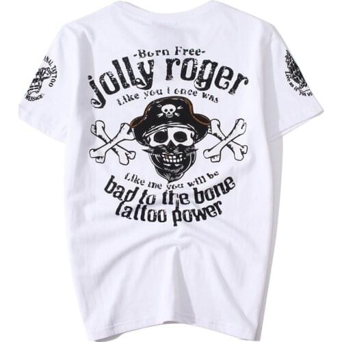 Mens Skull Print T-Shirts Men Casual Cotton Short Sleeve Ukiyoe Tattoo Art Design Slim Hip Rock Motorcycle Biker T shirt