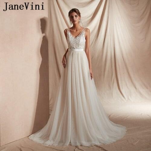 JaneVini Elegant 2019 Wedding Dresses Tulle V Neck Lace Appliques Pearls A Line Garden Bridal Gowns Sweep Train Vestido De Noiva