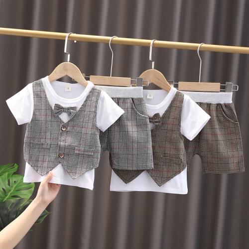 Summer Children Baby Boys Cotton Clothes Infant Outfits Gentleman Bowknot Patchwork T-Shirt Toddler Fashion Clothing KIDS SUIT