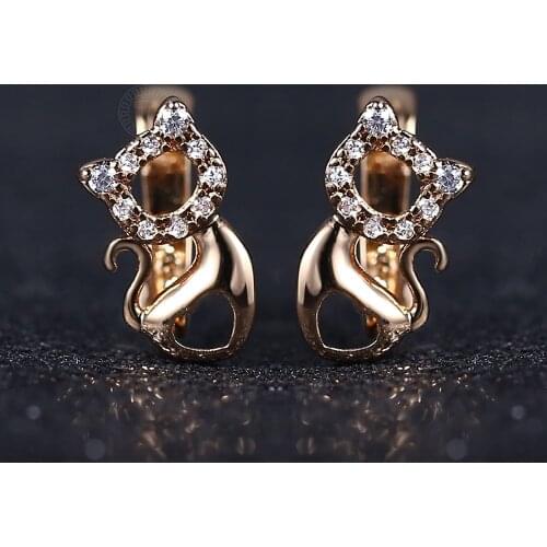 Trendy 585 Rose Gold Earrings for Women Girls Cute Cat Kitty/ Flower Clear CZ Paved Earrings Wedding Jewelry Gift DGE293
